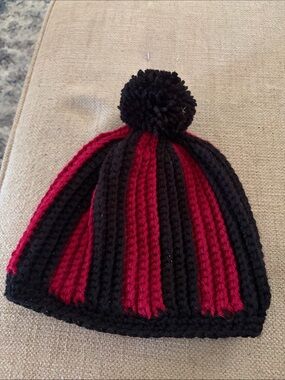 Handmade Striped crochet Pom Beanie Hat in Black and Red